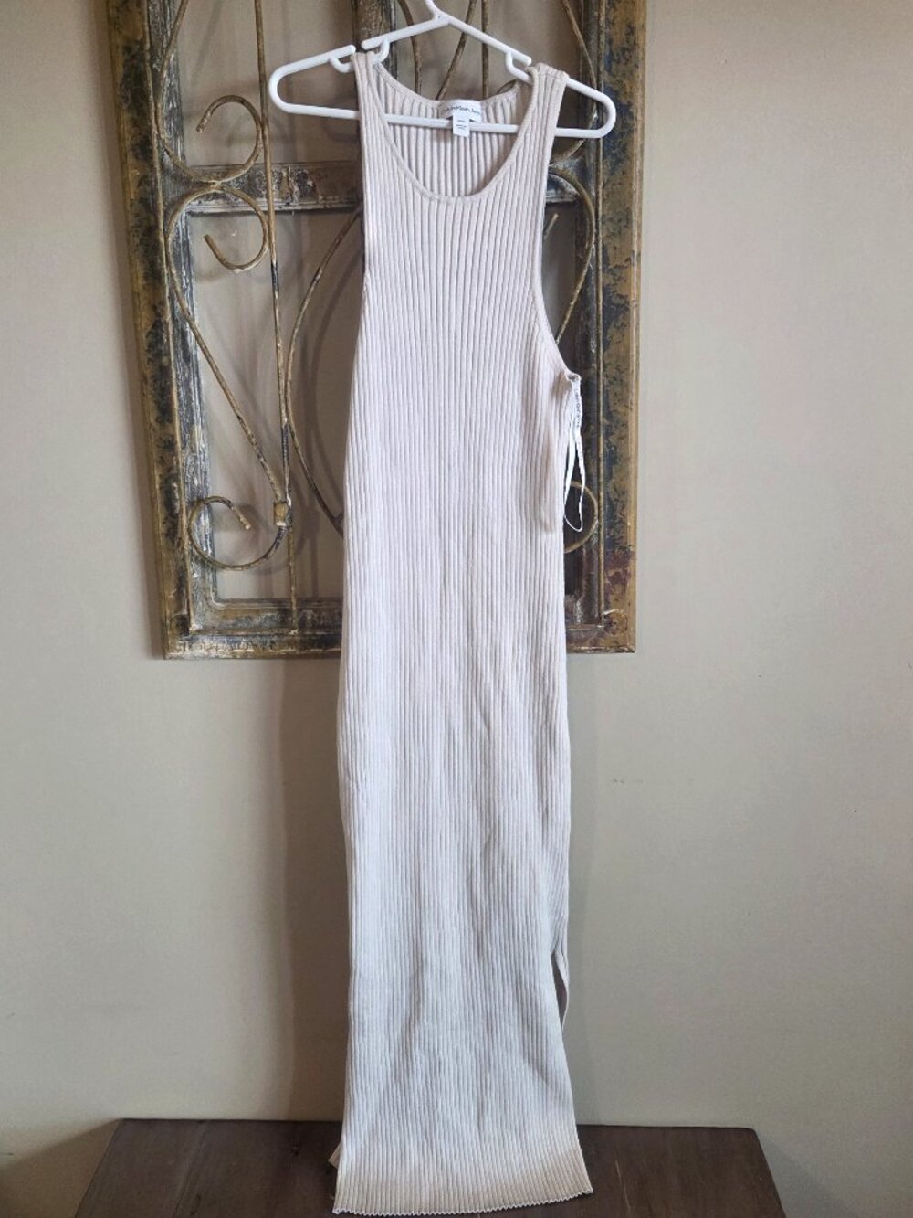 Calvin Klein Jeans Ribbed Knit Midi Bodycon Tank Dress Oatmeal Beige Size S